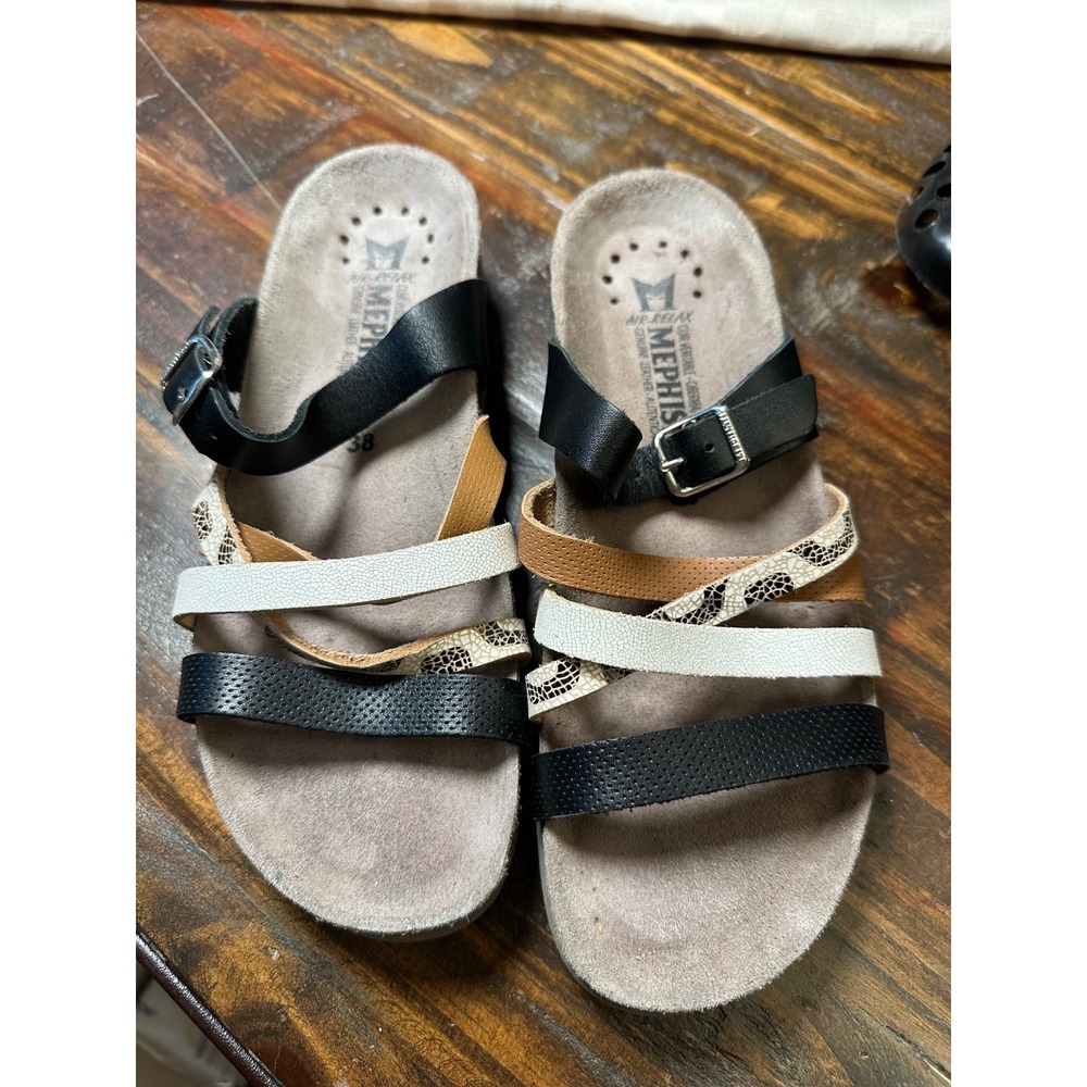 Mephisto Air-Relax Women 38 or 8 Black Leather MultiStrap Snakeskin Cork Sandal - Picture 11 of 13